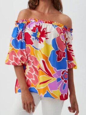 Trina Turk Jambies Off-the-Shoulder Top - 100% Silk - NWT - Size S - Ret. $278